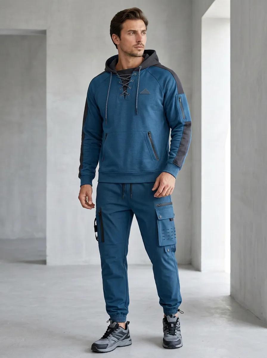 Daily Lace-Up Multi Pocket Classic Look Men's Lace Up Hoodie And Cargo Jogger Set