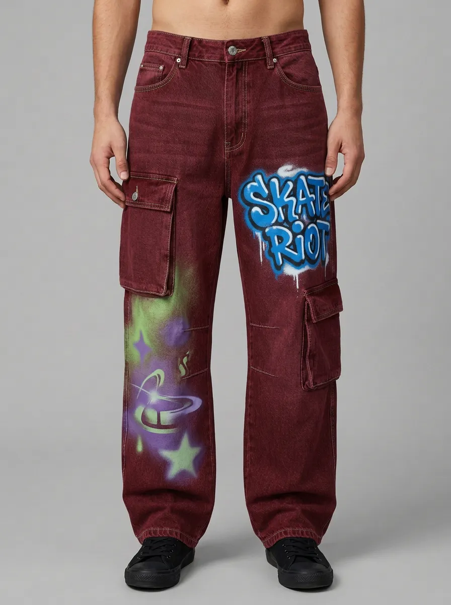 Men's Skate Riot Graffiti Star Graphic Cargo Jeans