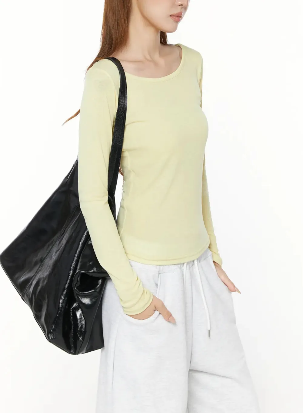 Ribbed U-Neck Long Sleeve Top