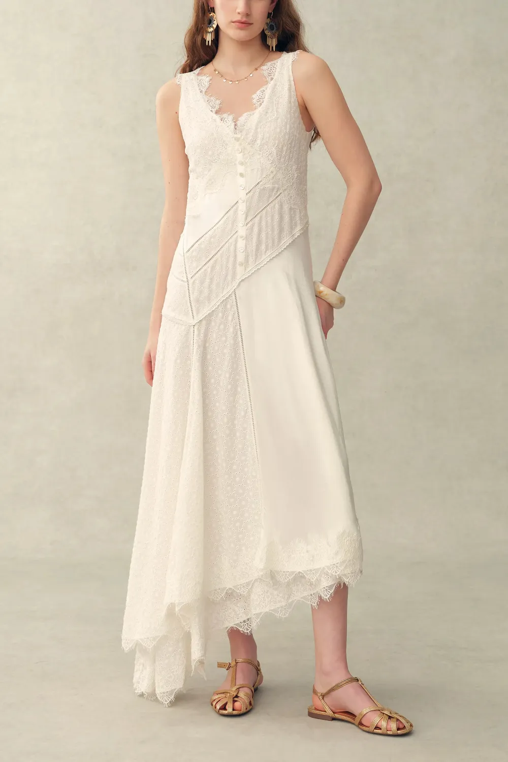 V-Neck Sleeveless Lace Embroidered Linen Dress