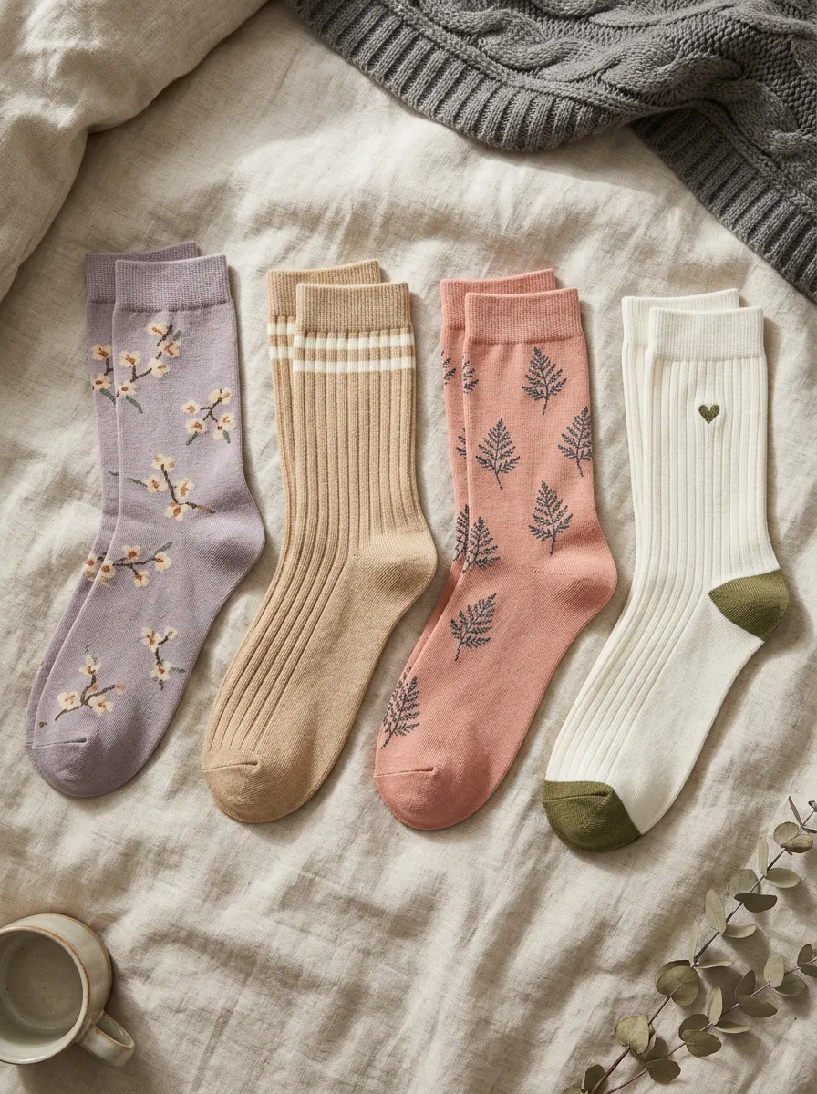 Women's Floral Fern Heart Printed Ribbed Cotton Socks 4-Pack