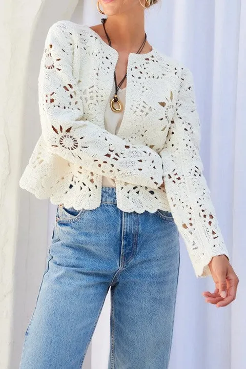 White Crochet Open Front Blouse