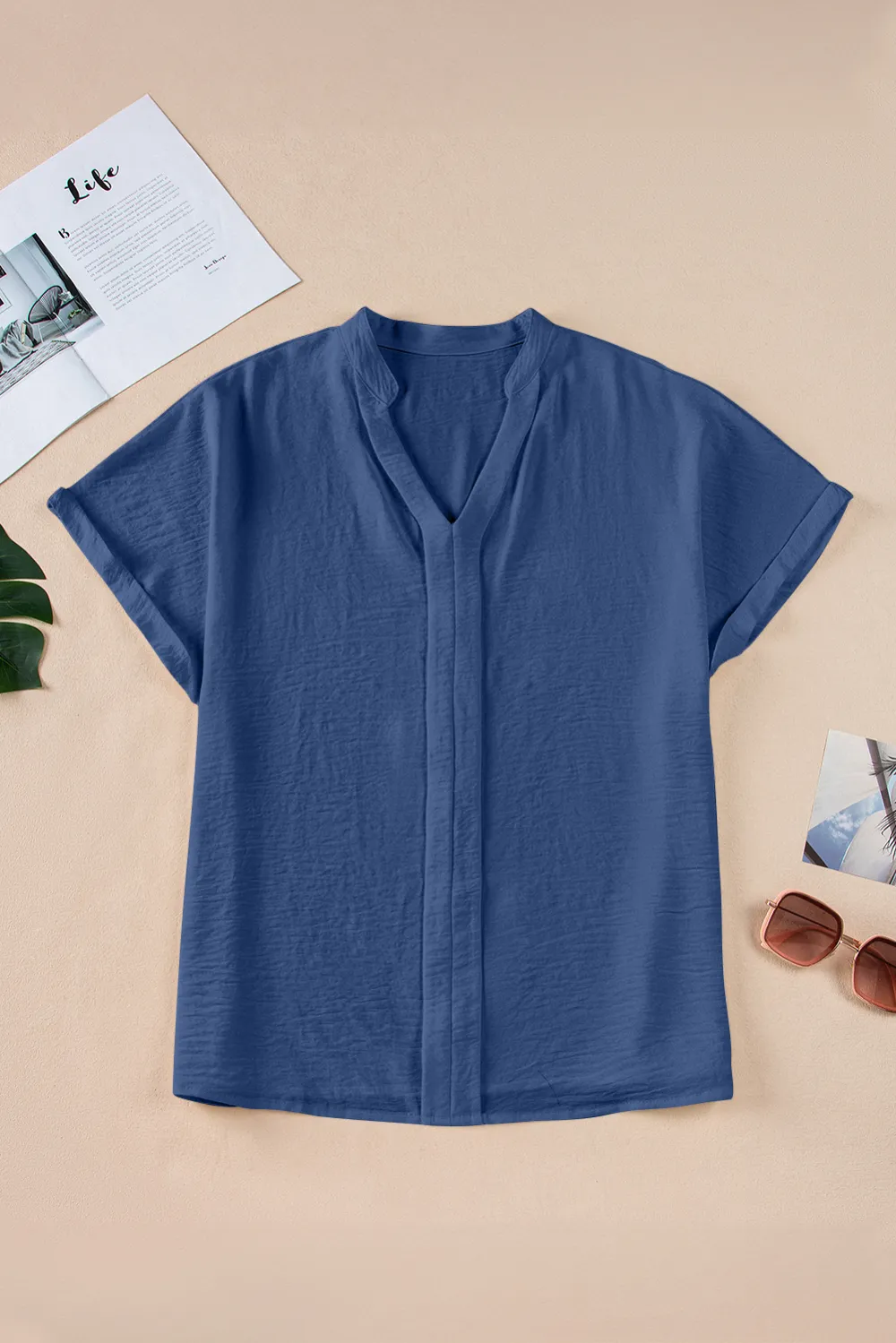 Sail Blue Notched Neck Batwing Blouse