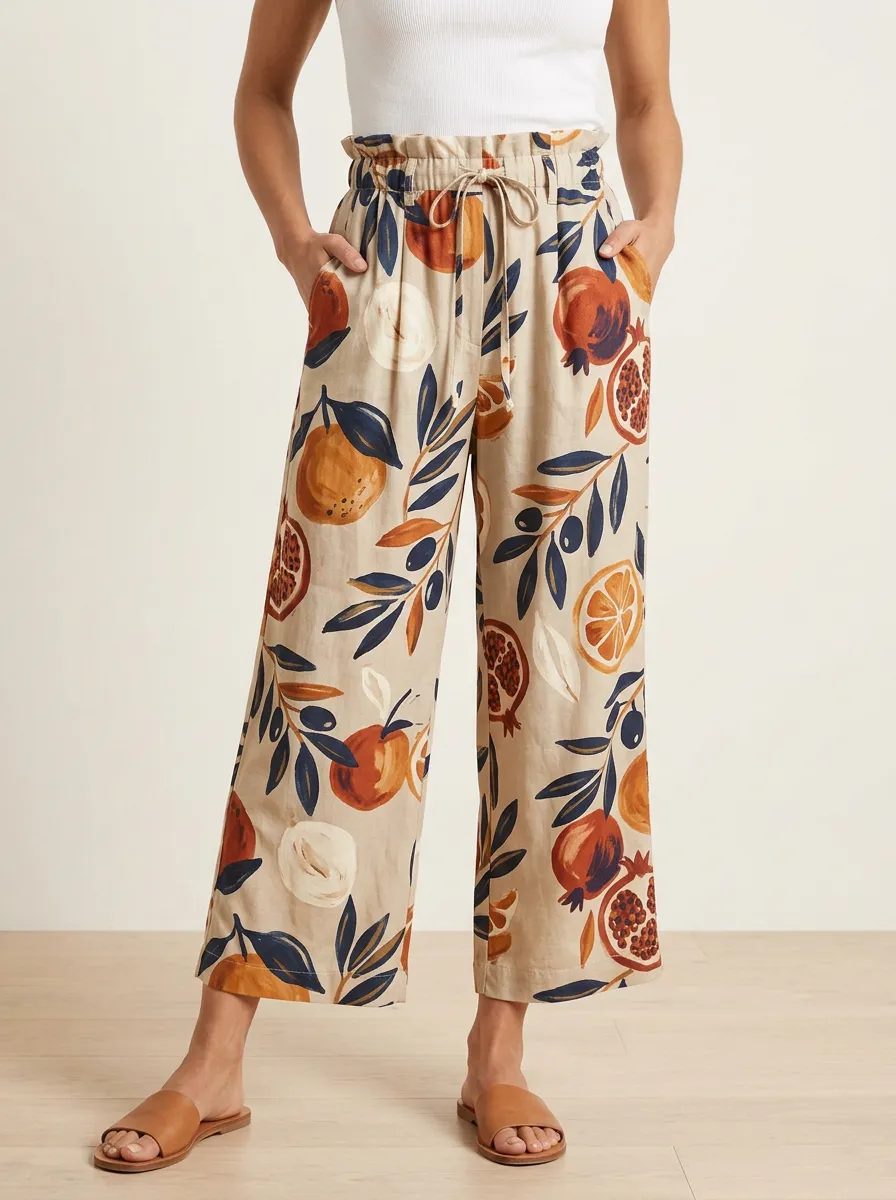 Women's Pomegranate Citrus Botanical Soft Pattern Printed Wide Leg Pants