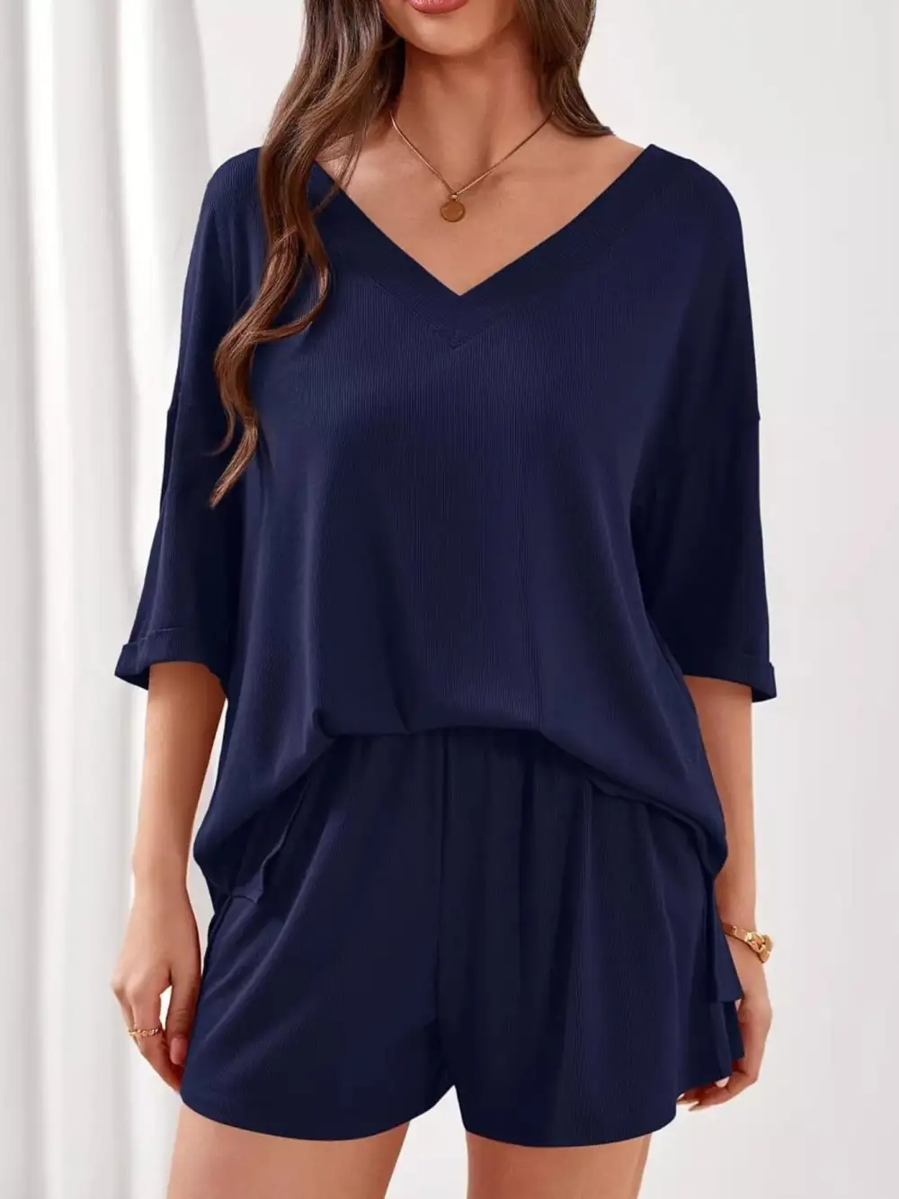 Casual Solid Color V Neck Top and Shorts Set