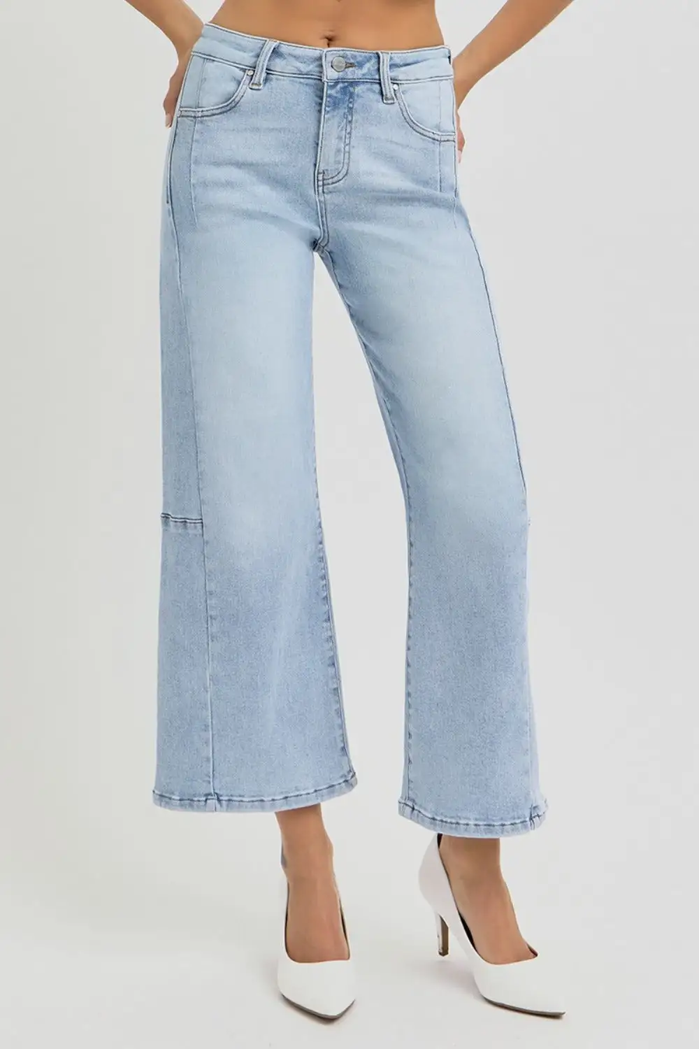 High Rise Seamed Detail Wide Leg Denim Jeans