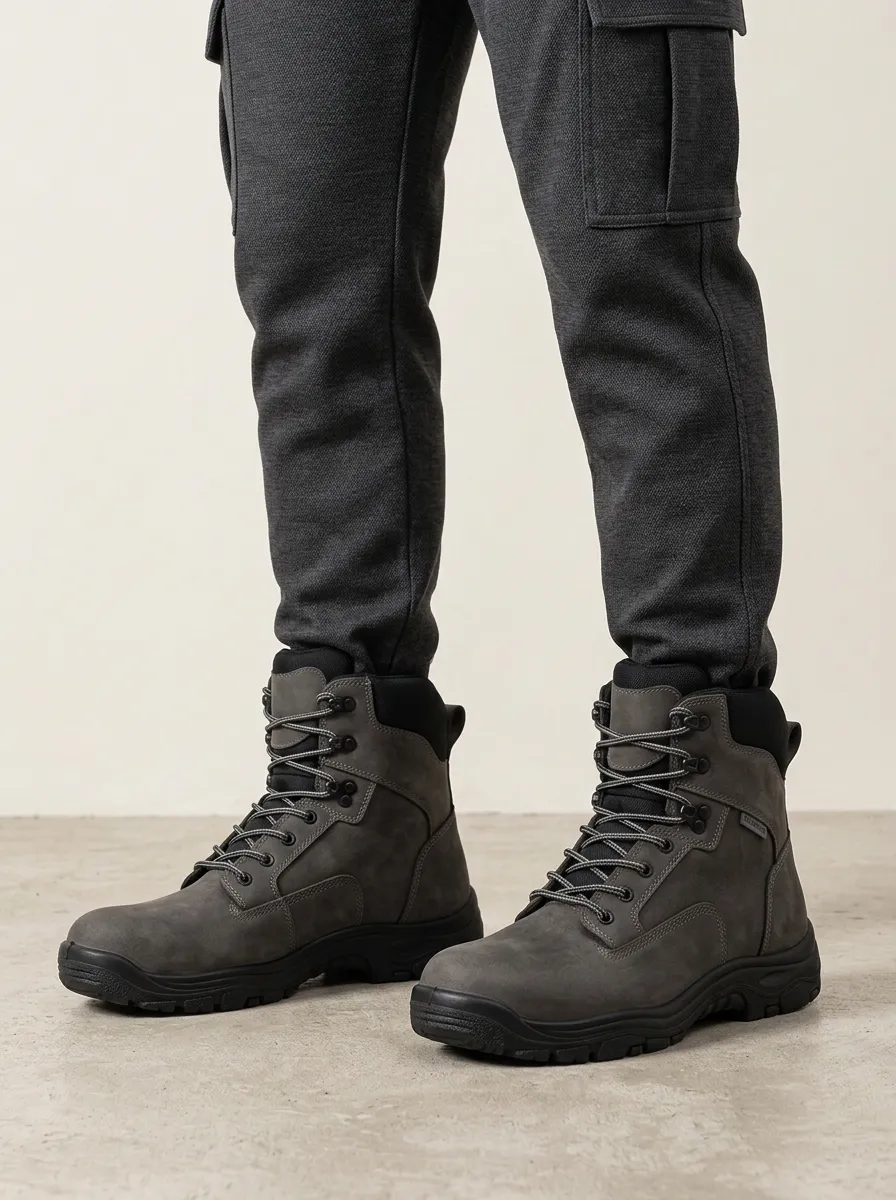 Unisex Outdoor Utility Waterproof Grey Leather Work Boots