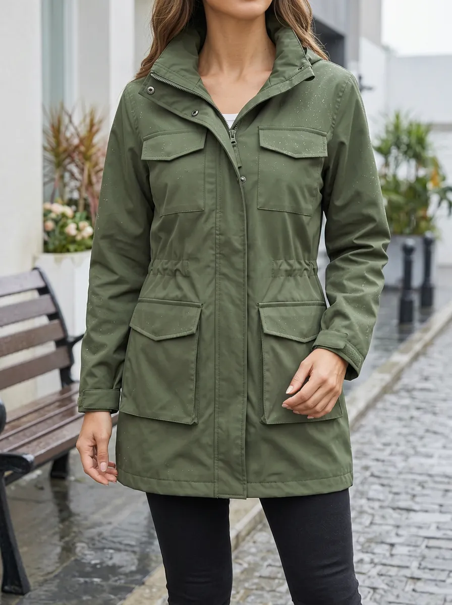 Women's Olive Green Utility Hooded Waterproof Jacket with Adjustable Cuffs
