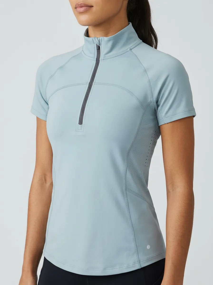 Women's Athletic Fitness Blue Quarter Zip Short Sleeve Shirt