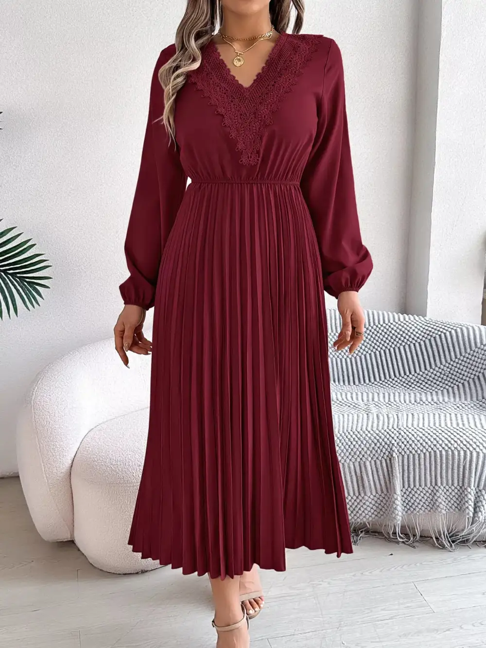 Lace V Neck Pleated Dress Casual
