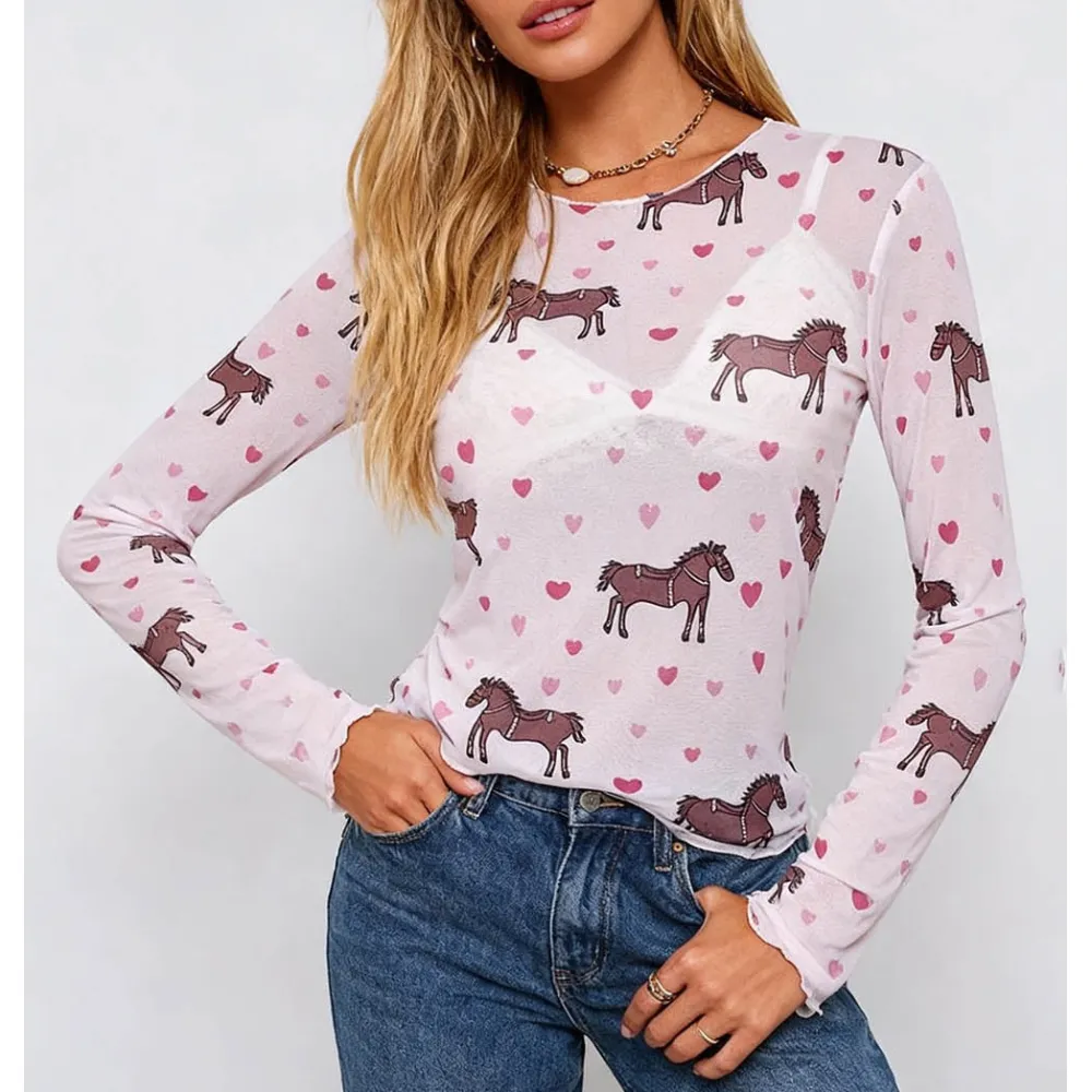 Valentine Heart Horse Sheer Pullover Mesh Top