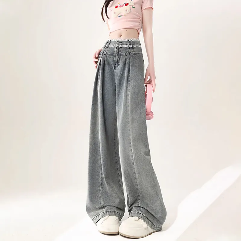 High Waist Wide Leg Lace Trim Jeans