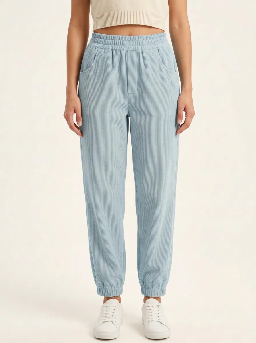 Women's Elastic-Waist Cuffed Tapered Corduroy Pants