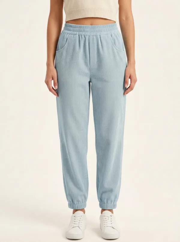 Women's Elastic-Waist Cuffed Tapered Corduroy Pants