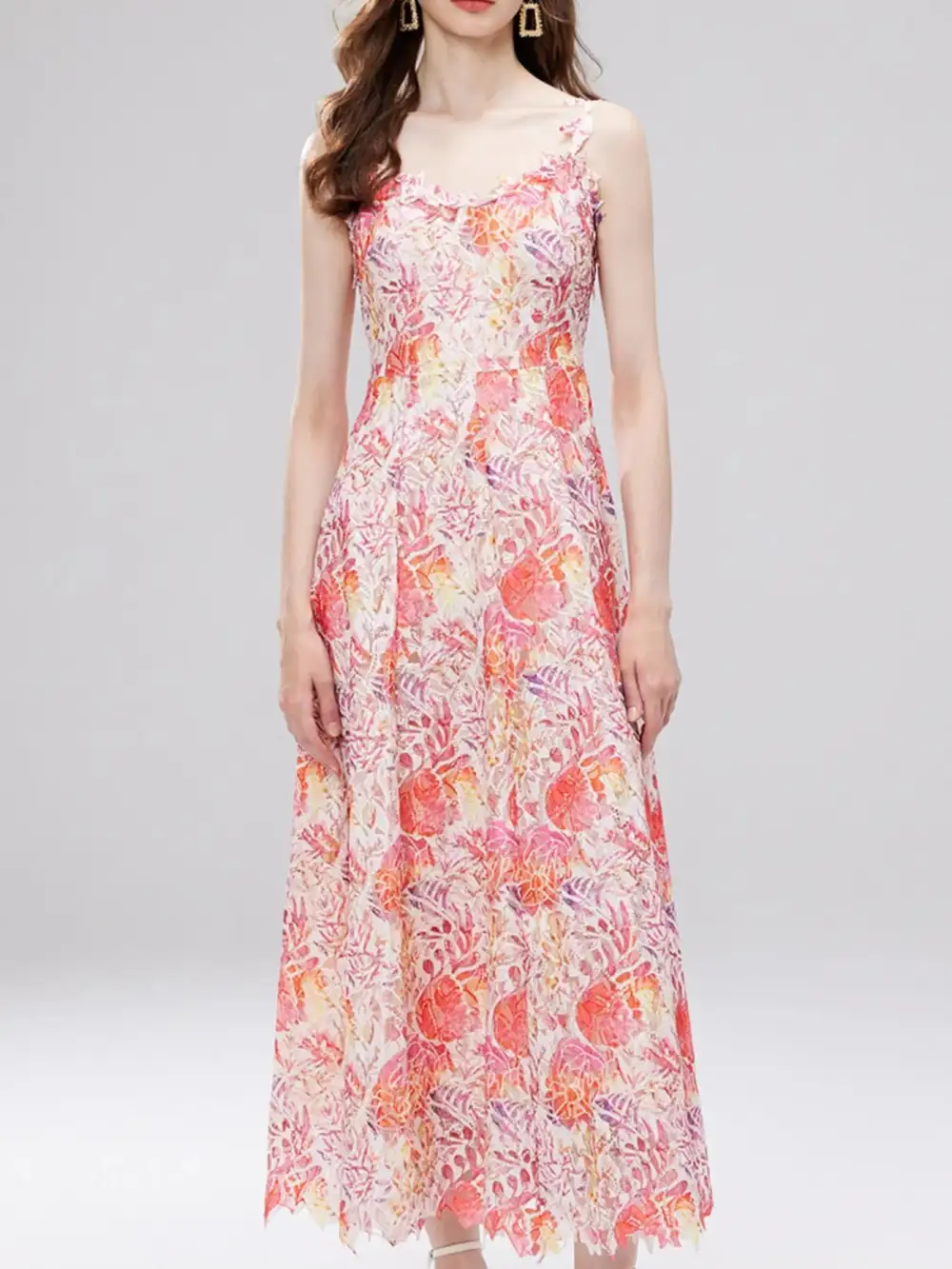 Floral Lace V Neck Midi Dress