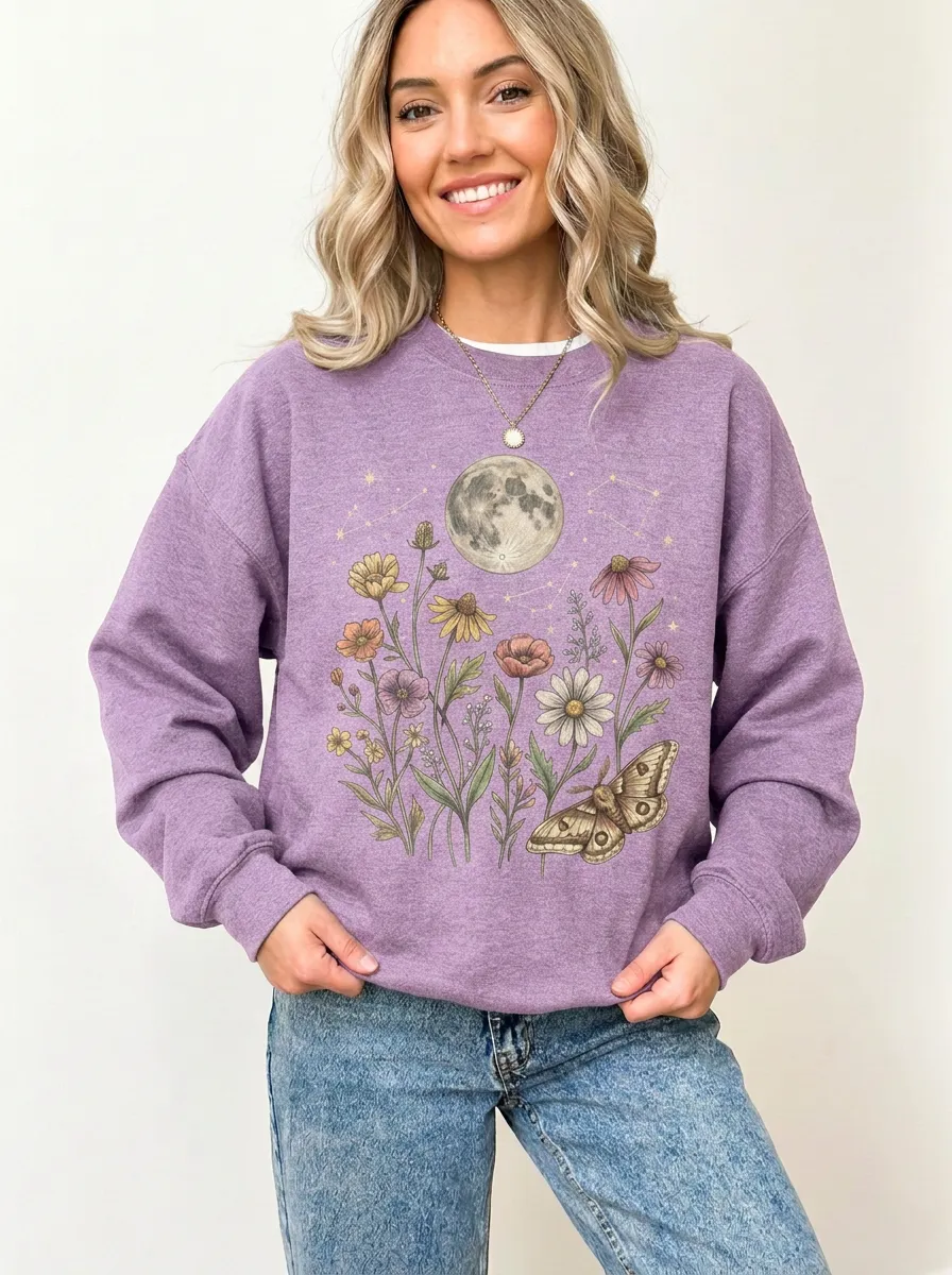 Women's Celestial Moon Wildflower Moth Graphic Sweatshirt