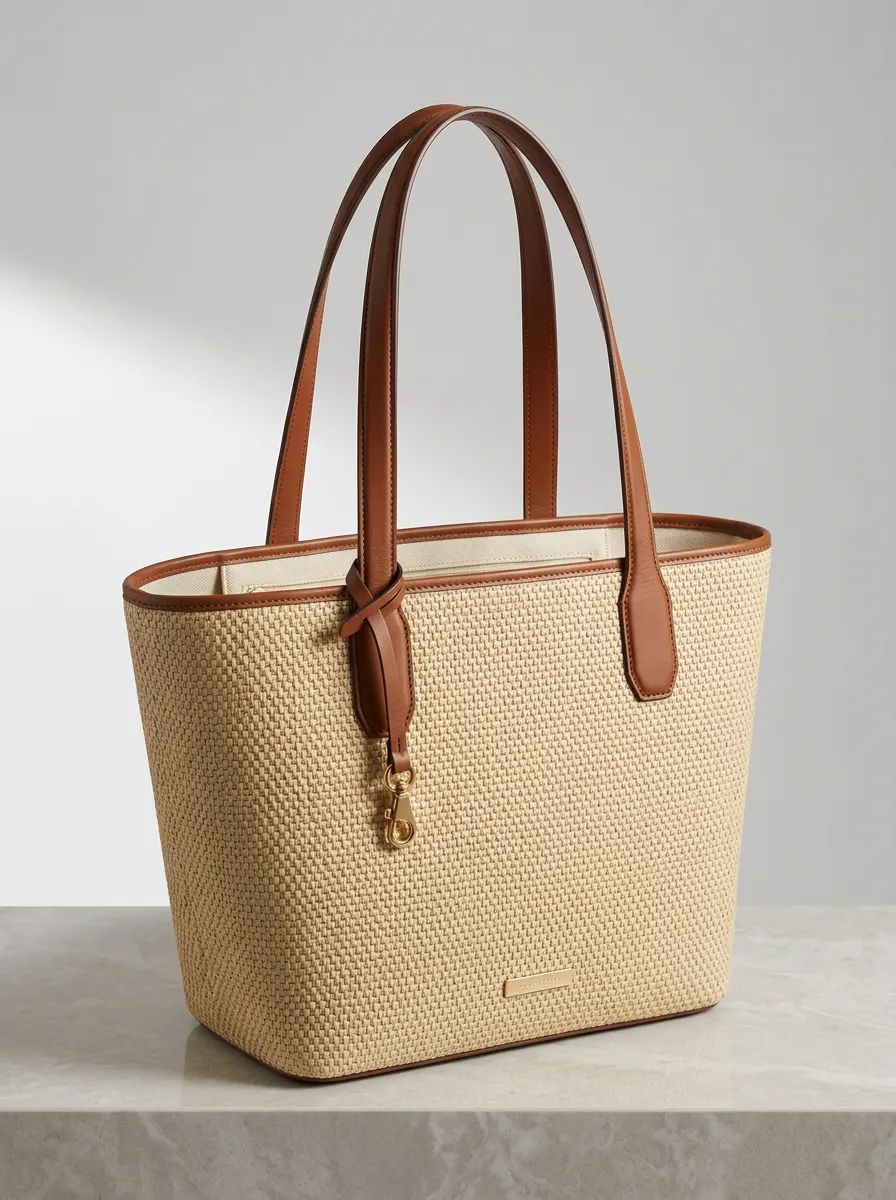 Straw-Style Top-Handle Leather-Trim-Look Women's Tote Bag