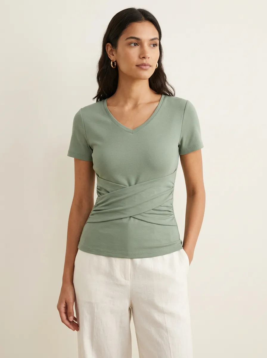 Ruched V-Neck Crisscross Fitted Fitted Top