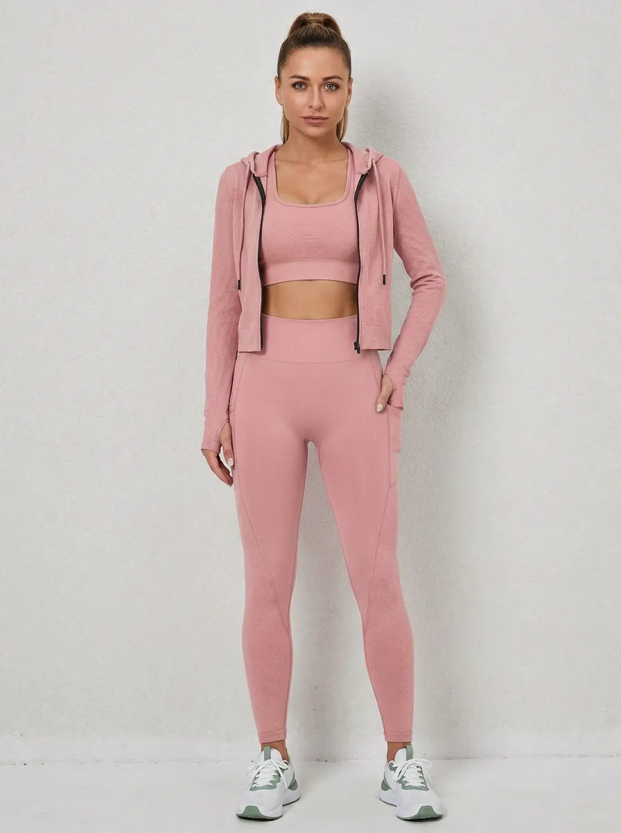 Training Textured Detail Seamless Design Design Women's Three Piece Activewear Set