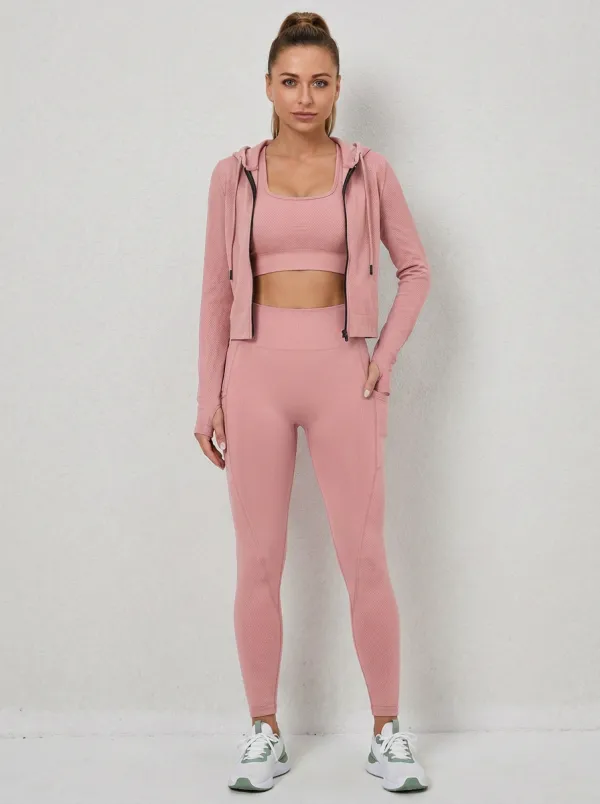 Training Textured Detail Seamless Design Design Women's Three Piece Activewear Set