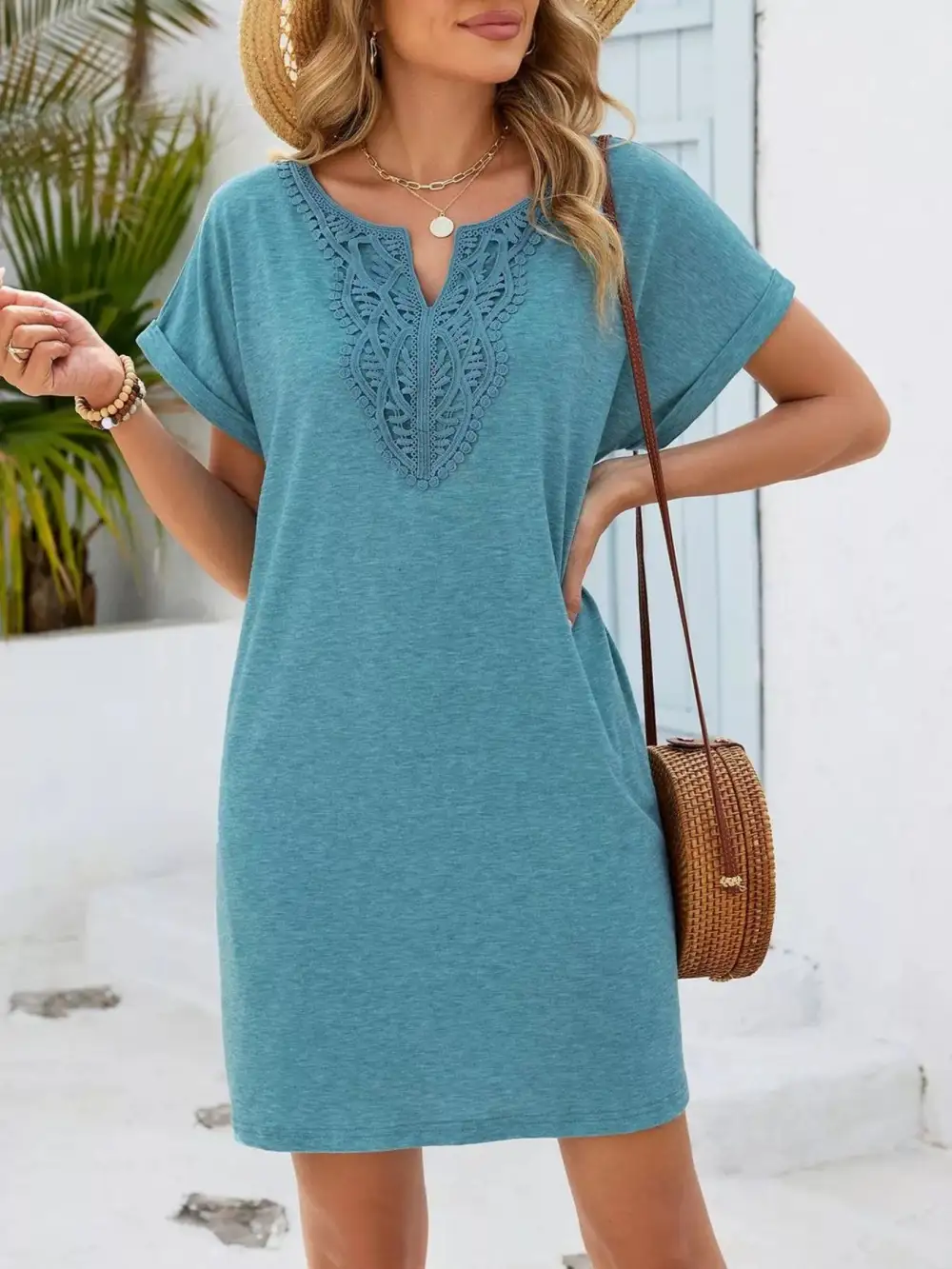 Polished Detail Lace Short Sleeve Dress