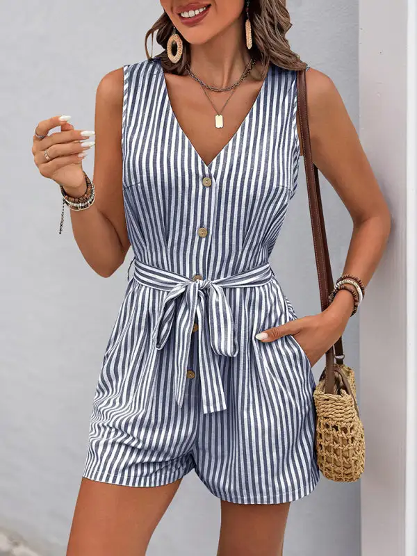 V Neck Sleeveless Striped Jumpsuit