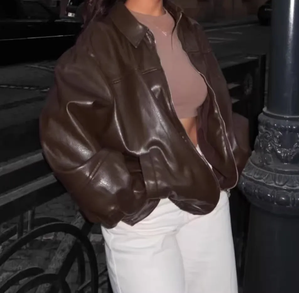 Oversized Relaxed Shirt Collar Zip Front Bomber Jacket