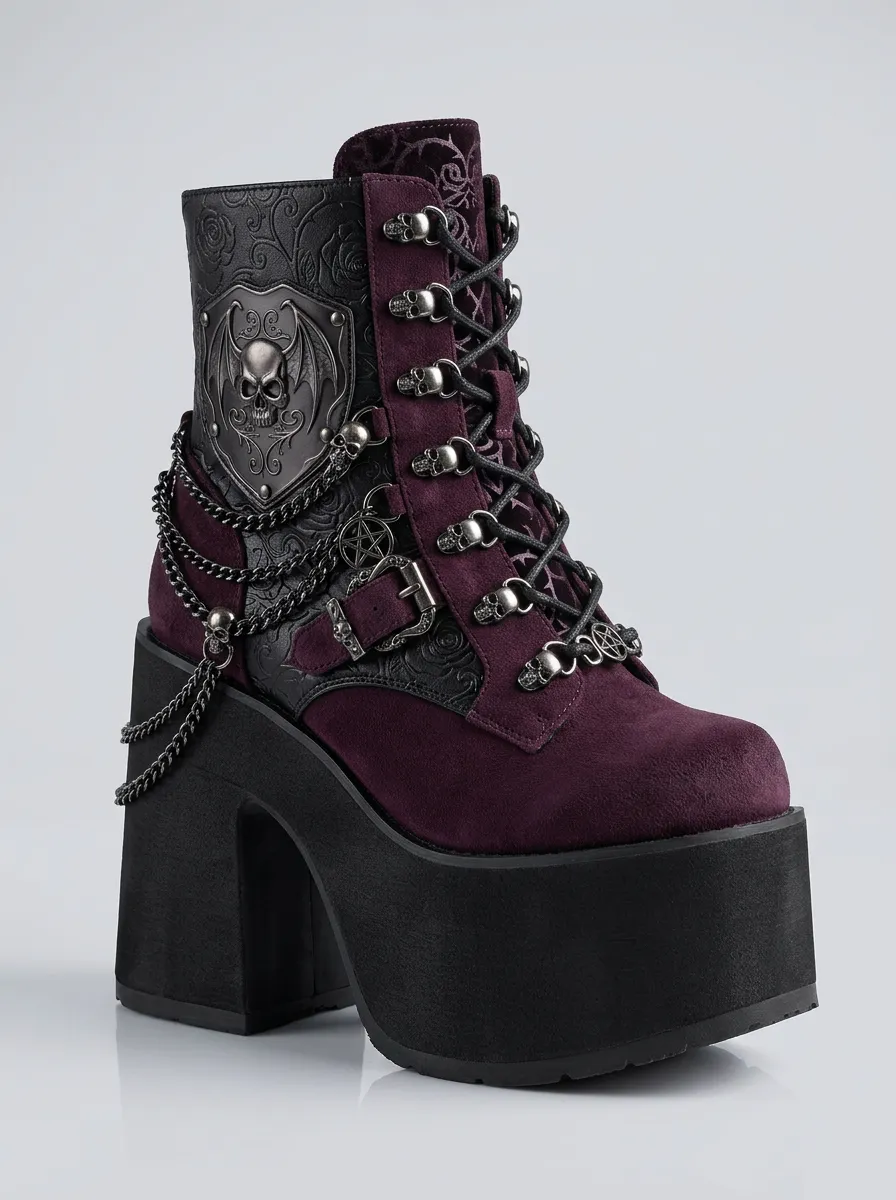 Witchy Skull Wing Chain Profile Women's Gothic Platform Boots