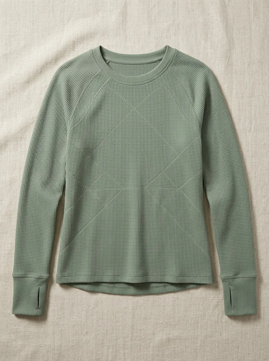 Women's Sage Green Waffle Knit Thumbhole Athletic Long Sleeve Top