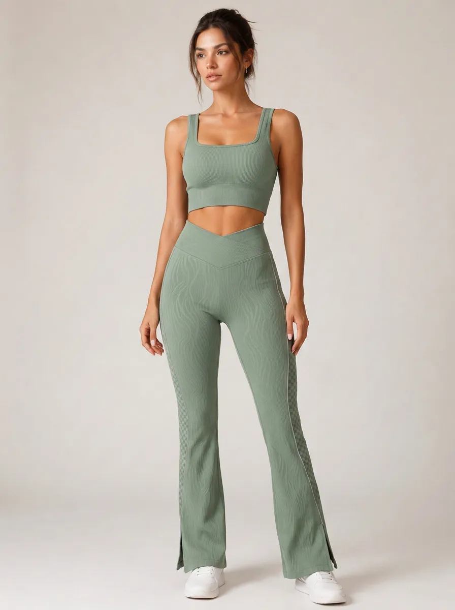 Women's Yoga Fitness Sage Green Ribbed V-Waist Flared Leggings Set