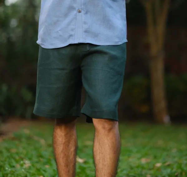 Green Heavy Linen Drawstring Shorts