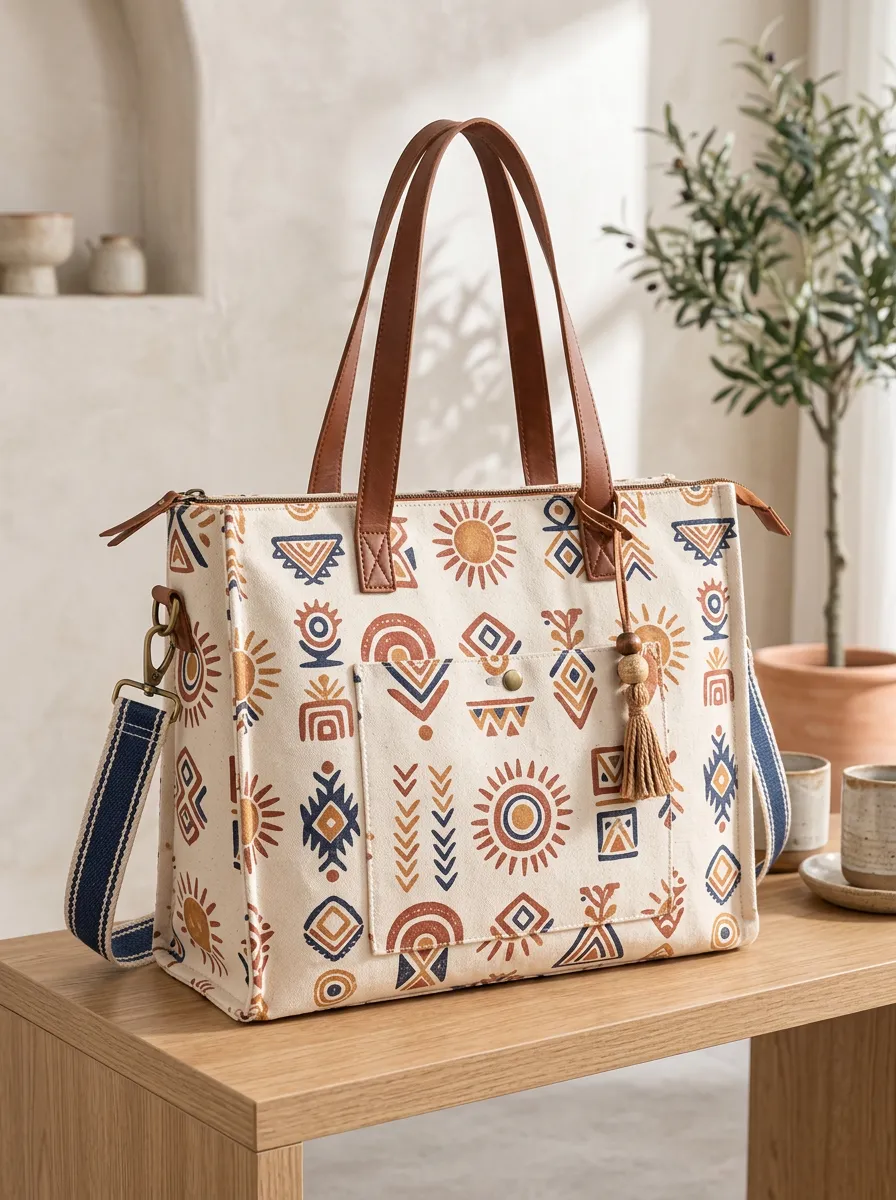 Women's Boho Tribal Sun Printed Canvas Shoulder Tote Bag