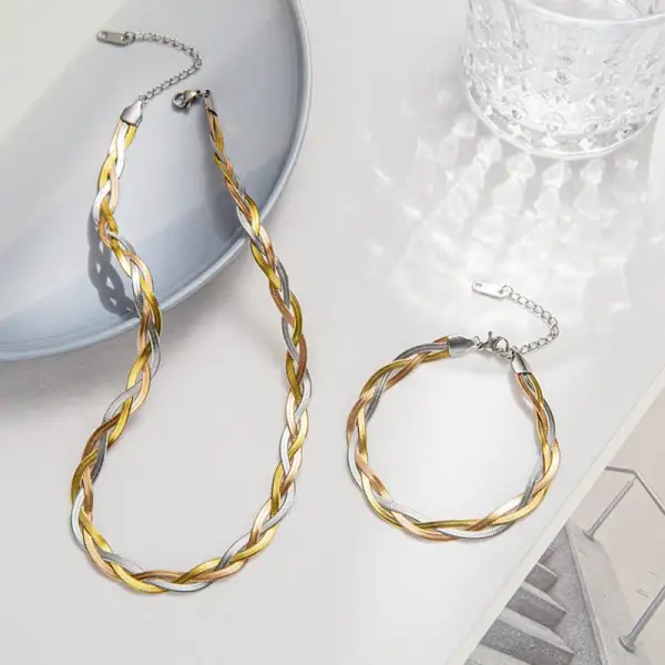 Tricolour Braided Snake Chain Bracelet and Necklace Set