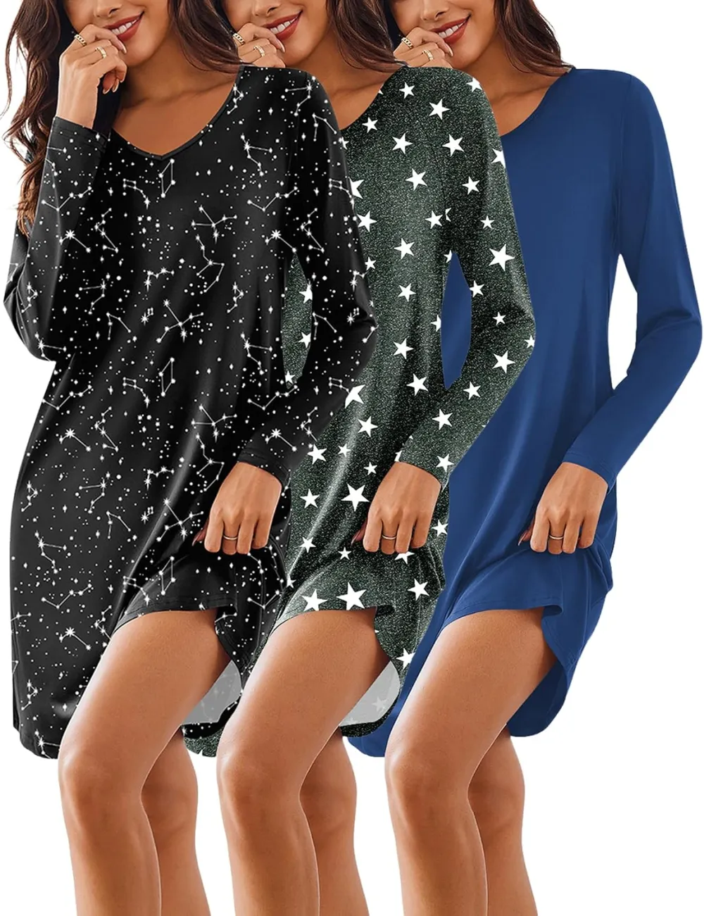 Ekouaer 3 Pack Long Sleeve Nightgowns for Women Casual Sleepwear Nightshirt