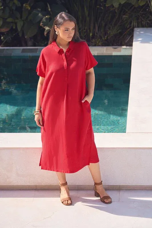 Red Premium Linen Shirt Dress
