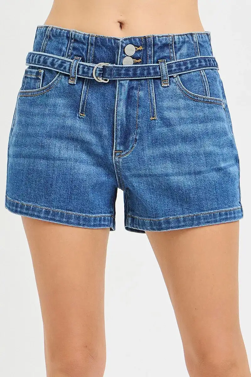 Double Button Slouchy Denim Shorts with Belt