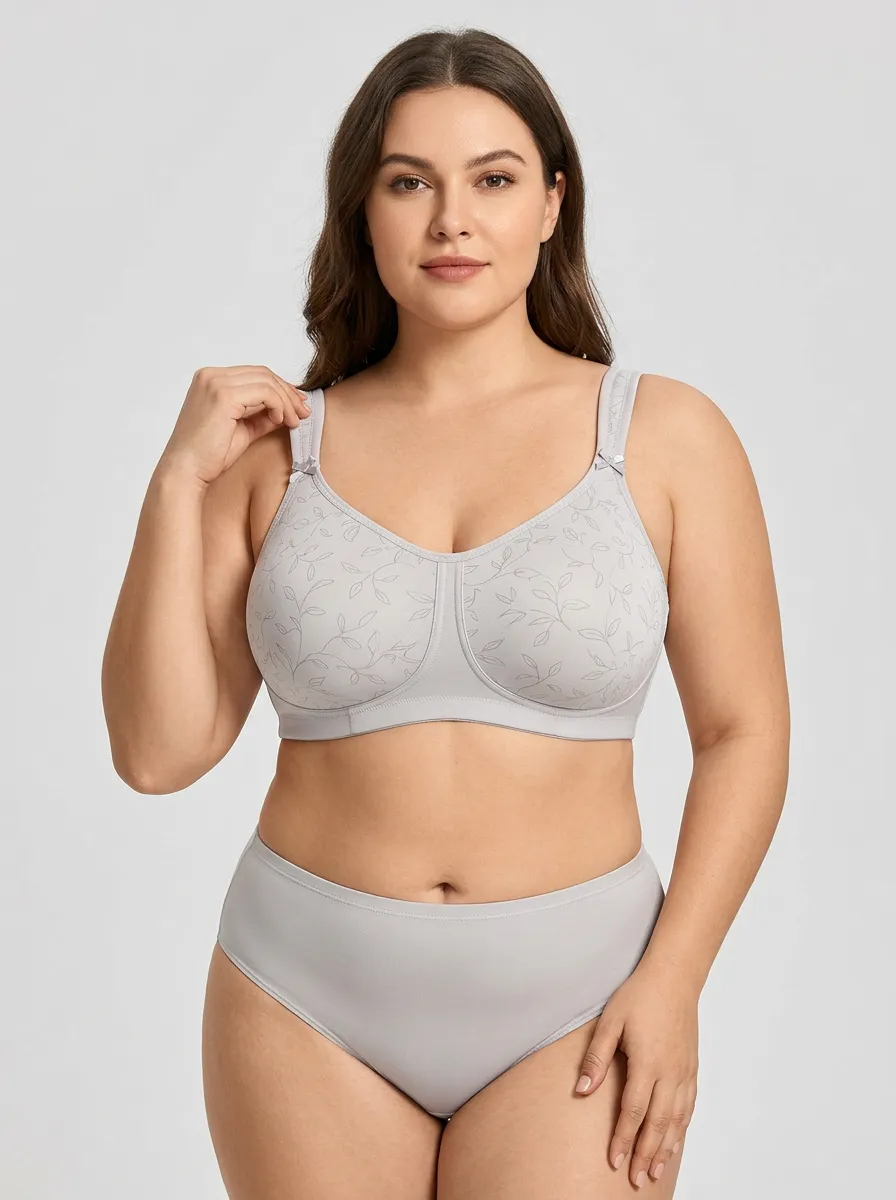 Women's Plus Size Light Grey Leaf Full-Coverage Wide-Strap Wireless Bra