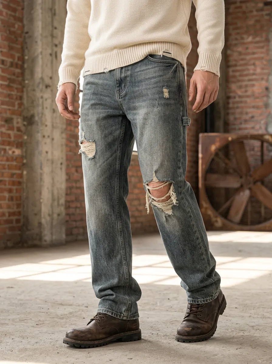 Men's Frayed Denim Ripped Jeans