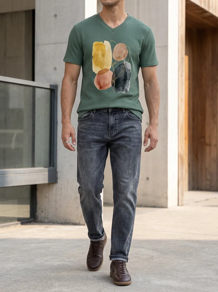 Men's Modern Abstract Watercolor Printed V-Neck T-Shirt and Jeans Set