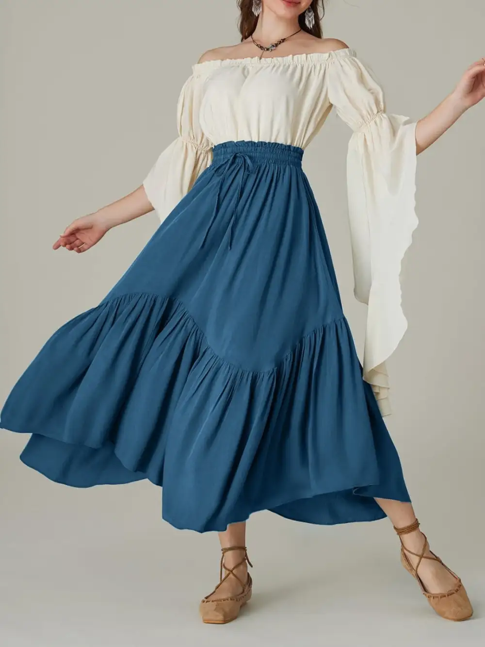 Smocked Waist Band Ruched Layered Skirt Maxi