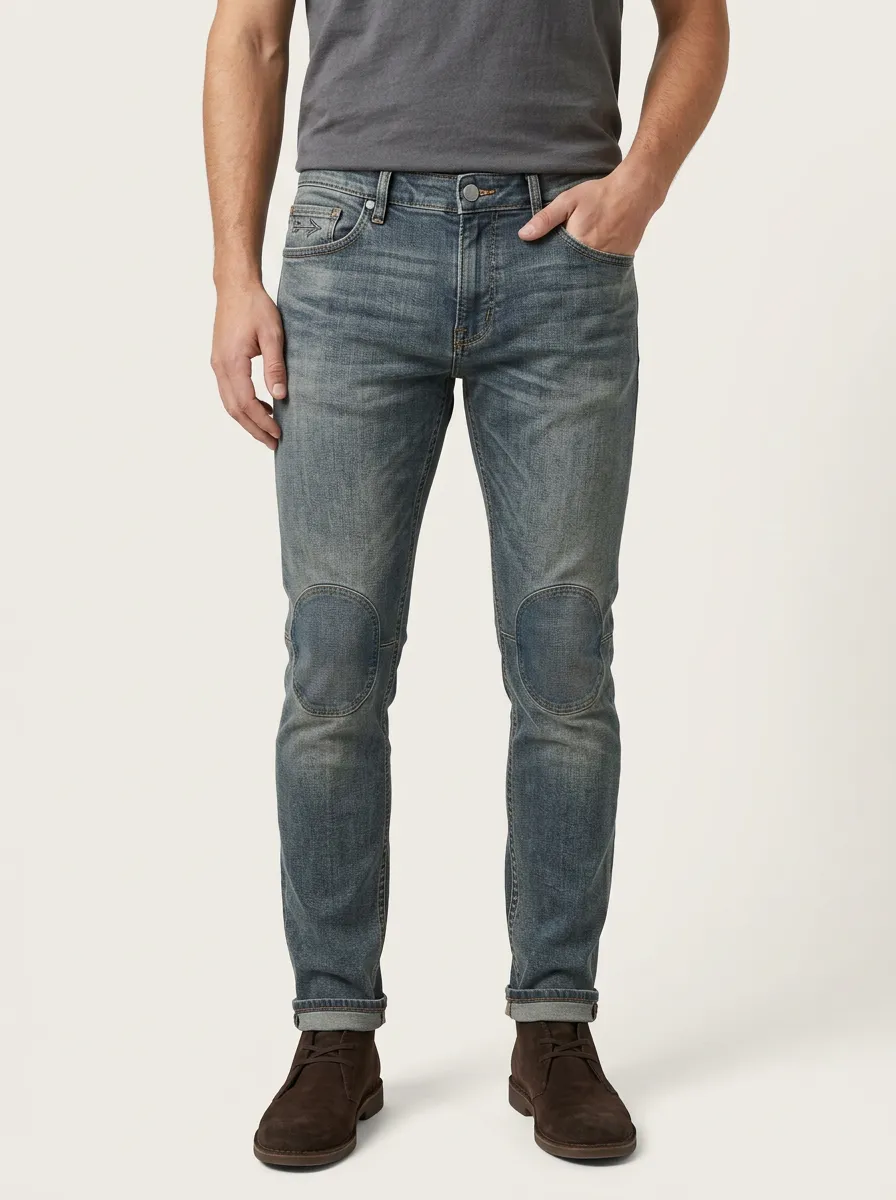 Men's Mid-Blue Distressed Knee-Patch Washed Slim Fit Jeans