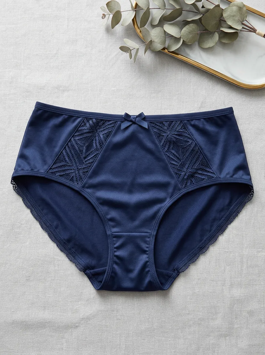 Women's Navy Blue Geometric Lace Trim Bowknot Briefs
