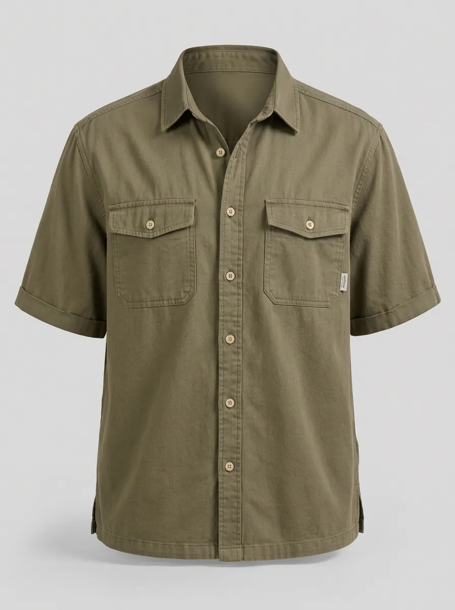 Men's Olive Green Utility Pocket Short Sleeve Button-up Shirt