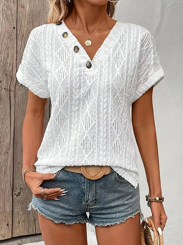 Relaxed Short Sleeve Button Detail V-Neck T-Shirt