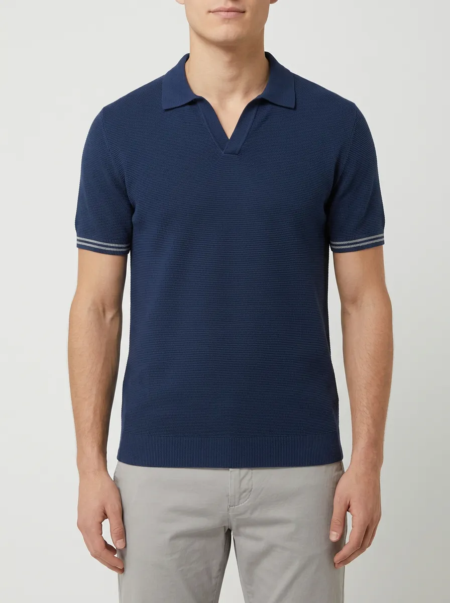 Men's Navy Blue Textured V-Neck Striped Cuff Polo Shirt