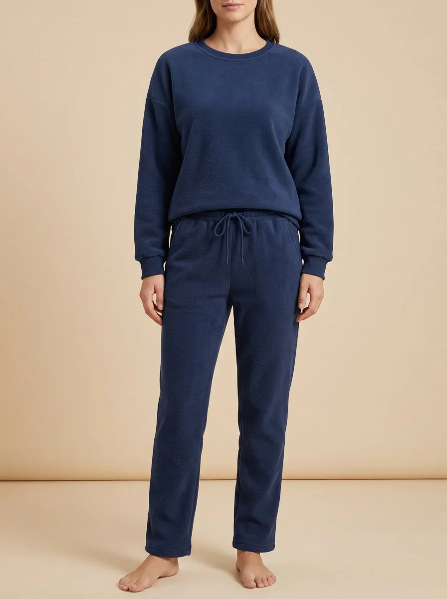 Women's Ribbed-Cuff Crewneck Sweatshirt And Drawstring Trouser Fleece Lounge Set
