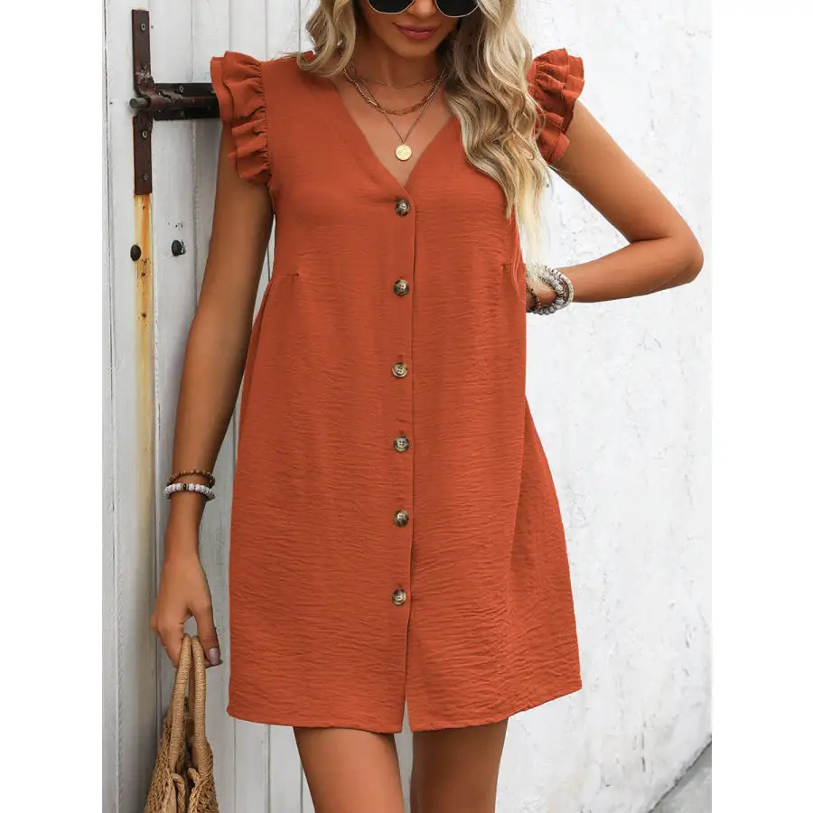 Button Up V-Neck Cap Sleeve Mini Dress