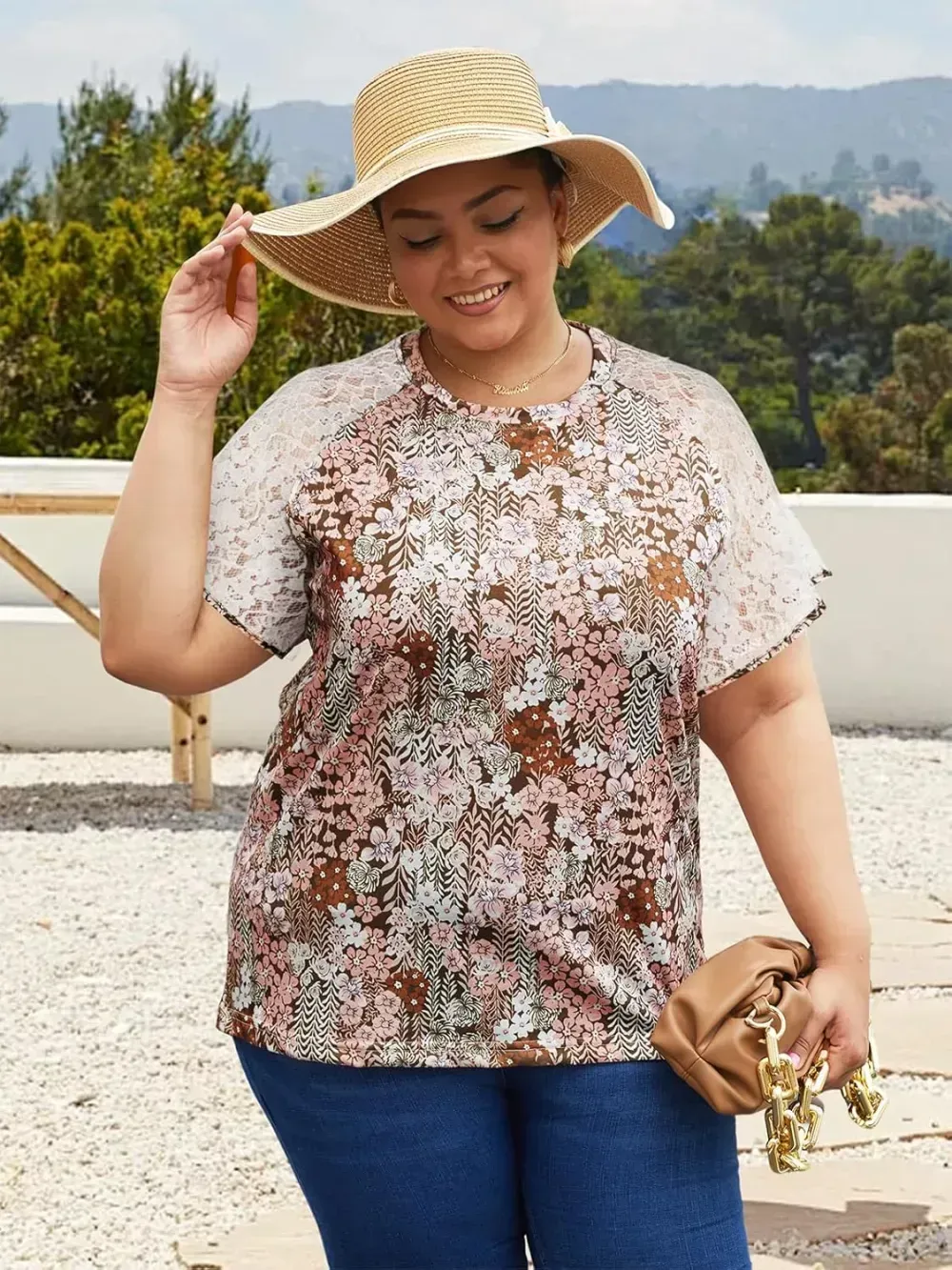 HDLTE Womens Plus Size Tops Floral Bell Sleeves Blouses Summer Crewneck Tunic Loose Casual T Shirts