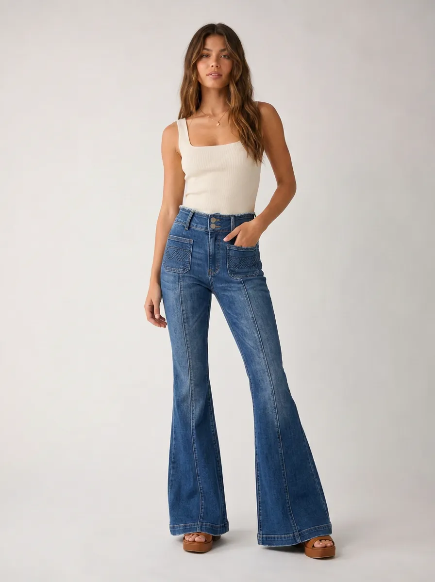 Women's Vintage Style Embroidered Pocket Printed Flare Jeans