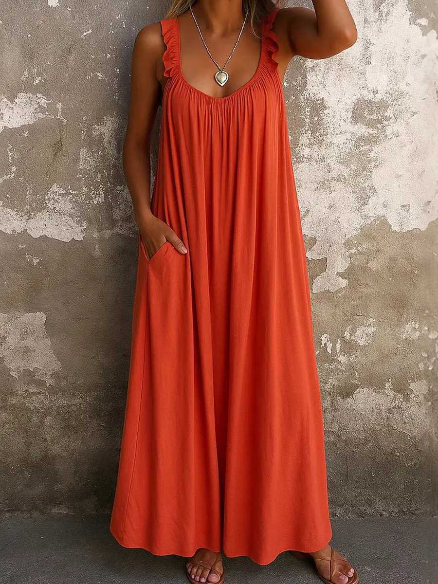 Loose Pleated Ruffled Neck Maxi Dress
